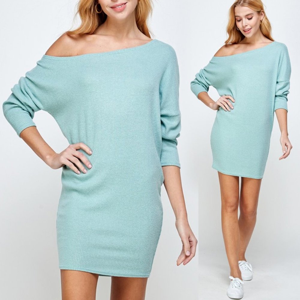 NEW Off Shoulder Soft Hacci Rib Knit Sweater Dress